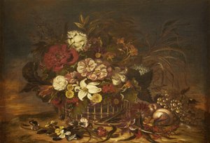 Bloemen in een Mand met Fruit